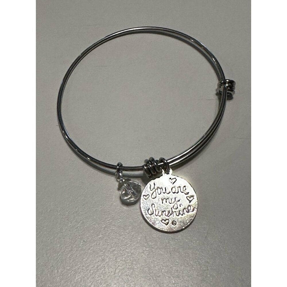 You Are My Sunshine Charm Bangle Bracelet Silver tone Adjustable Yellow Flower